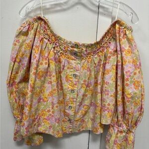 Free People Yellow James Smocked Off the Shoulder Crop Blouse NWT Size M